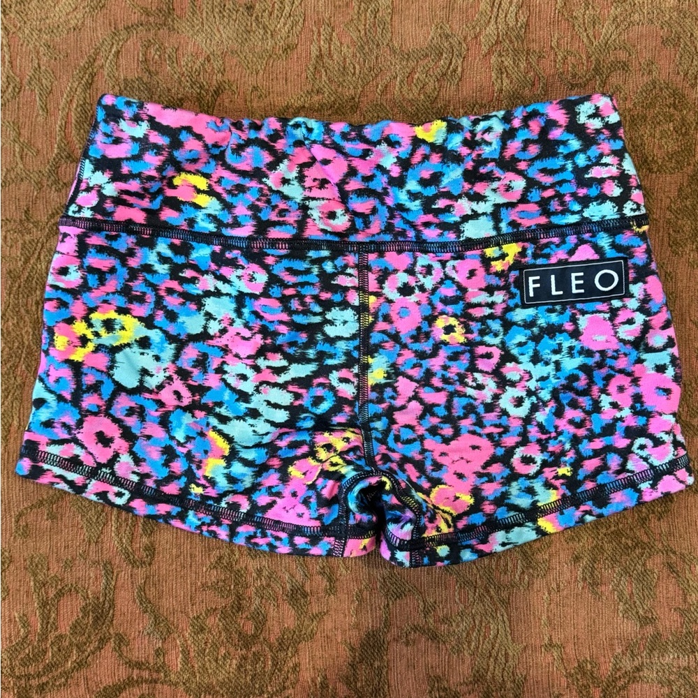 Colorful leopard print Fleo workout shorts. Size small.